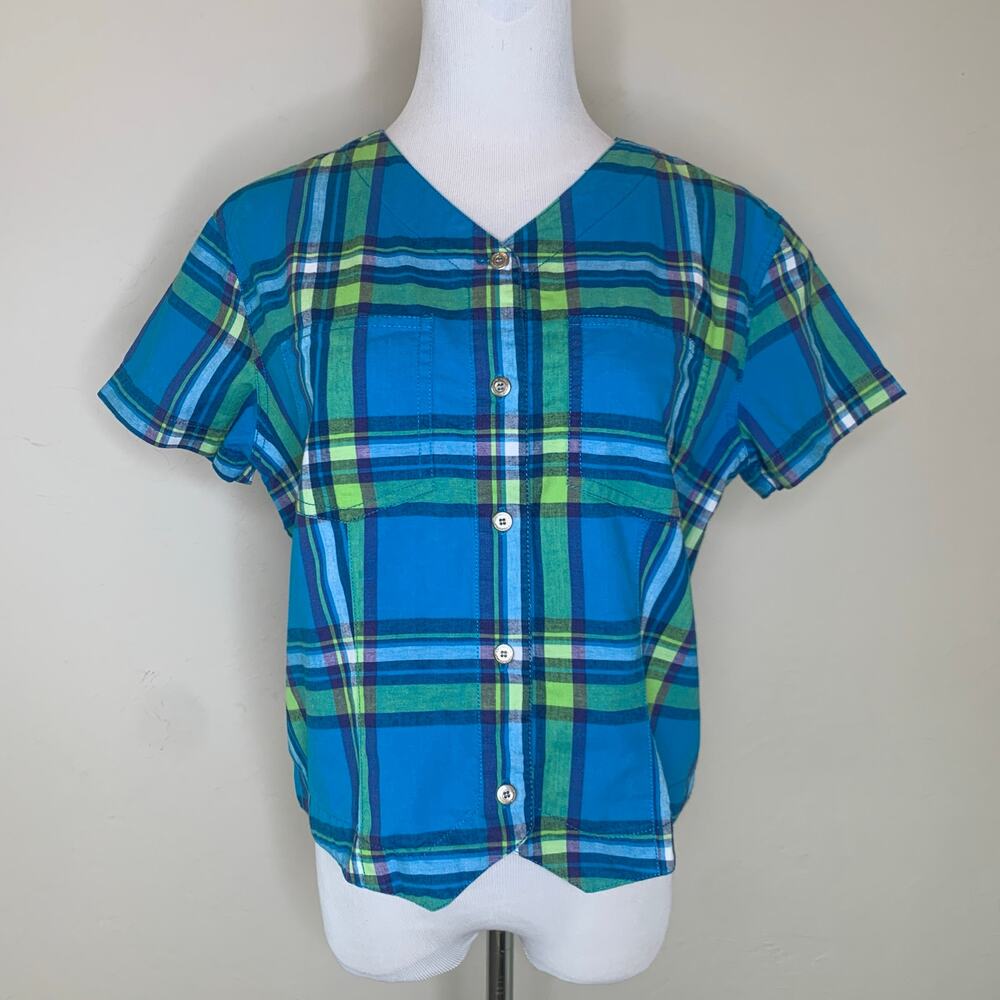 Vintage Liz Claiborne Blue Plaid Cropped Top Button Front Sz Medium